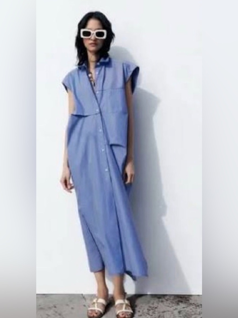 Zara Blue and White Striped Button-Up Dress